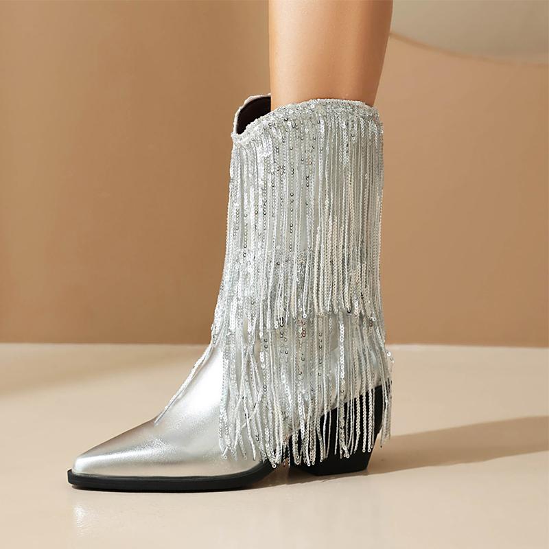 Women's Pointed Boots Thick Heel Tassel Boots