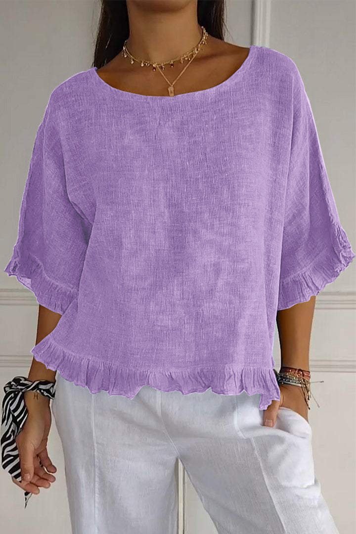 Round neck cotton and linen solid color loose short sleeves