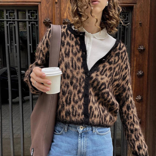 Vintage brown leopard print knitted cardigan short coat