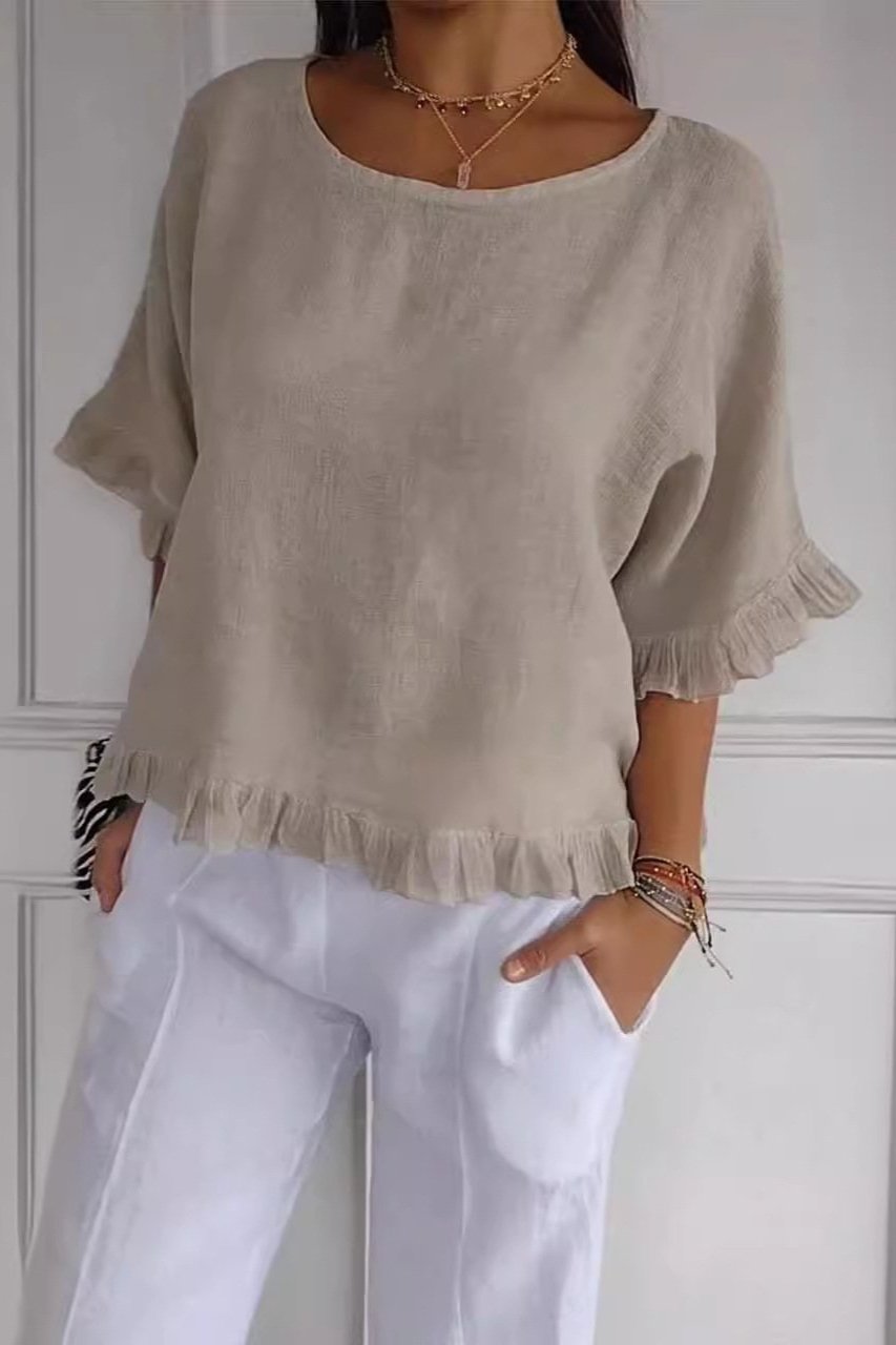 Round neck cotton and linen solid color loose short sleeves