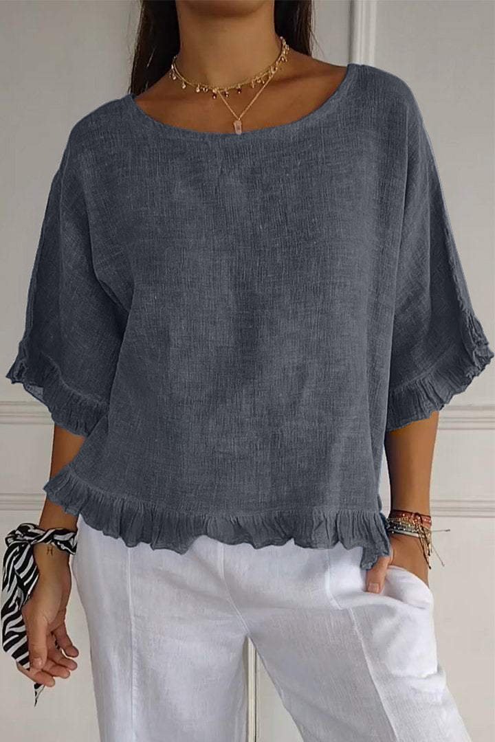 Round neck cotton and linen solid color loose short sleeves