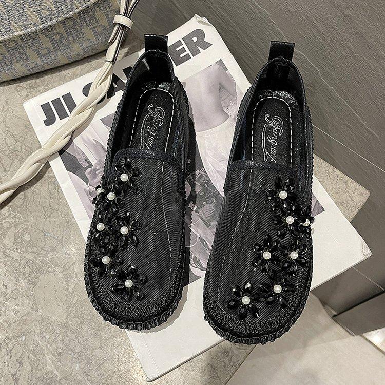 New flat mesh breathable rhinestone flower slip-ons