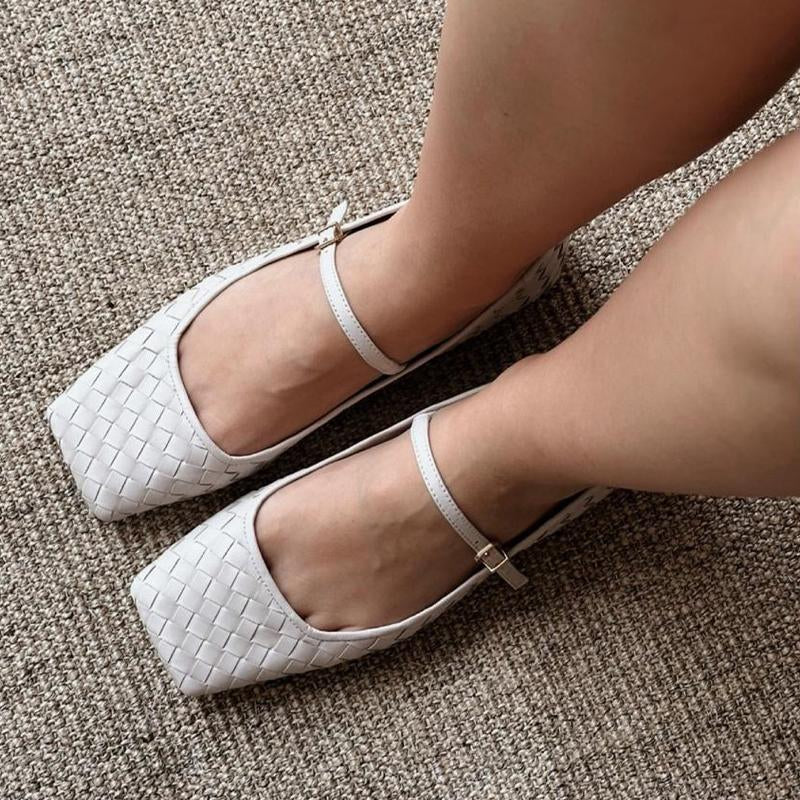 Woven Square-toe Shallow-mouth Flat Buckle Shoes