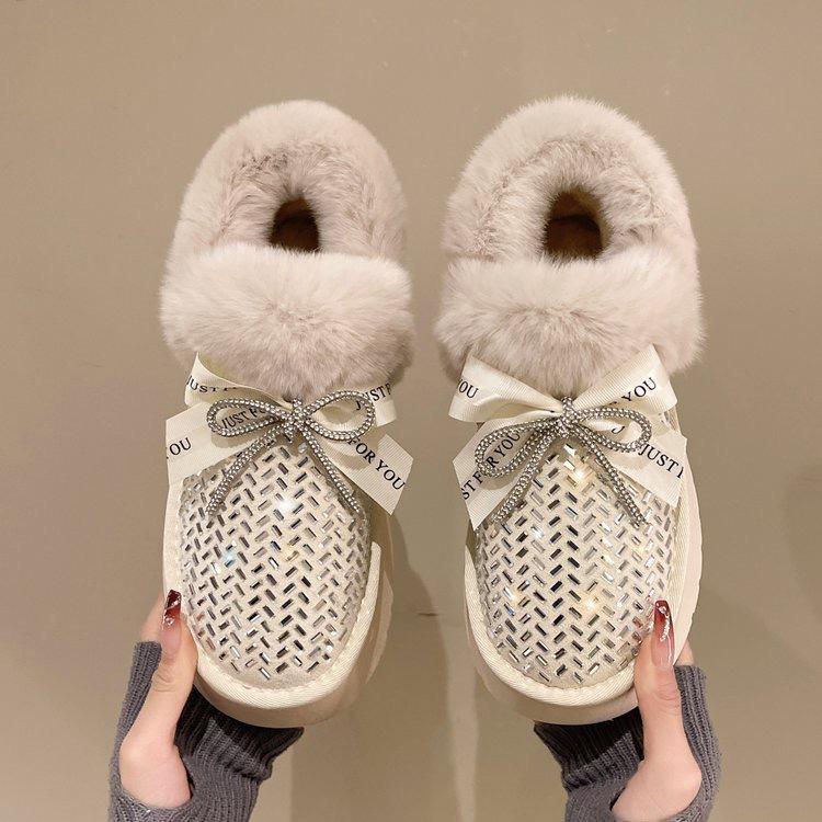 Bow rhinestone plus velvet short cotton boots