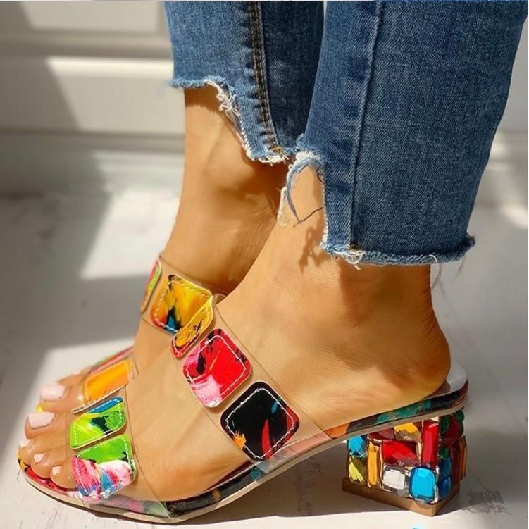 Rhinestone Chunky Heel Flip Flops