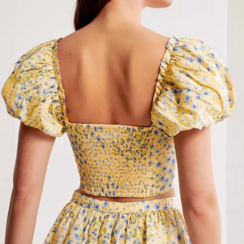 2024 New Yellow Floral Skirt Suit Puff Sleeve Backless Tube Top Long Skirt