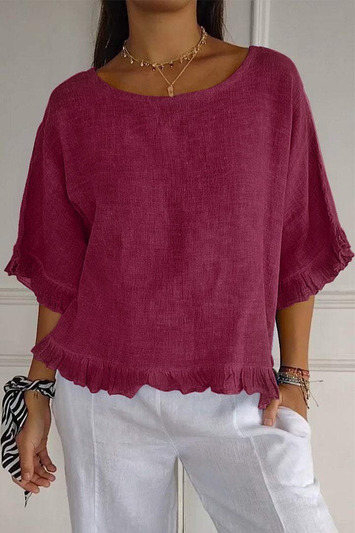 Round neck cotton and linen solid color loose short sleeves