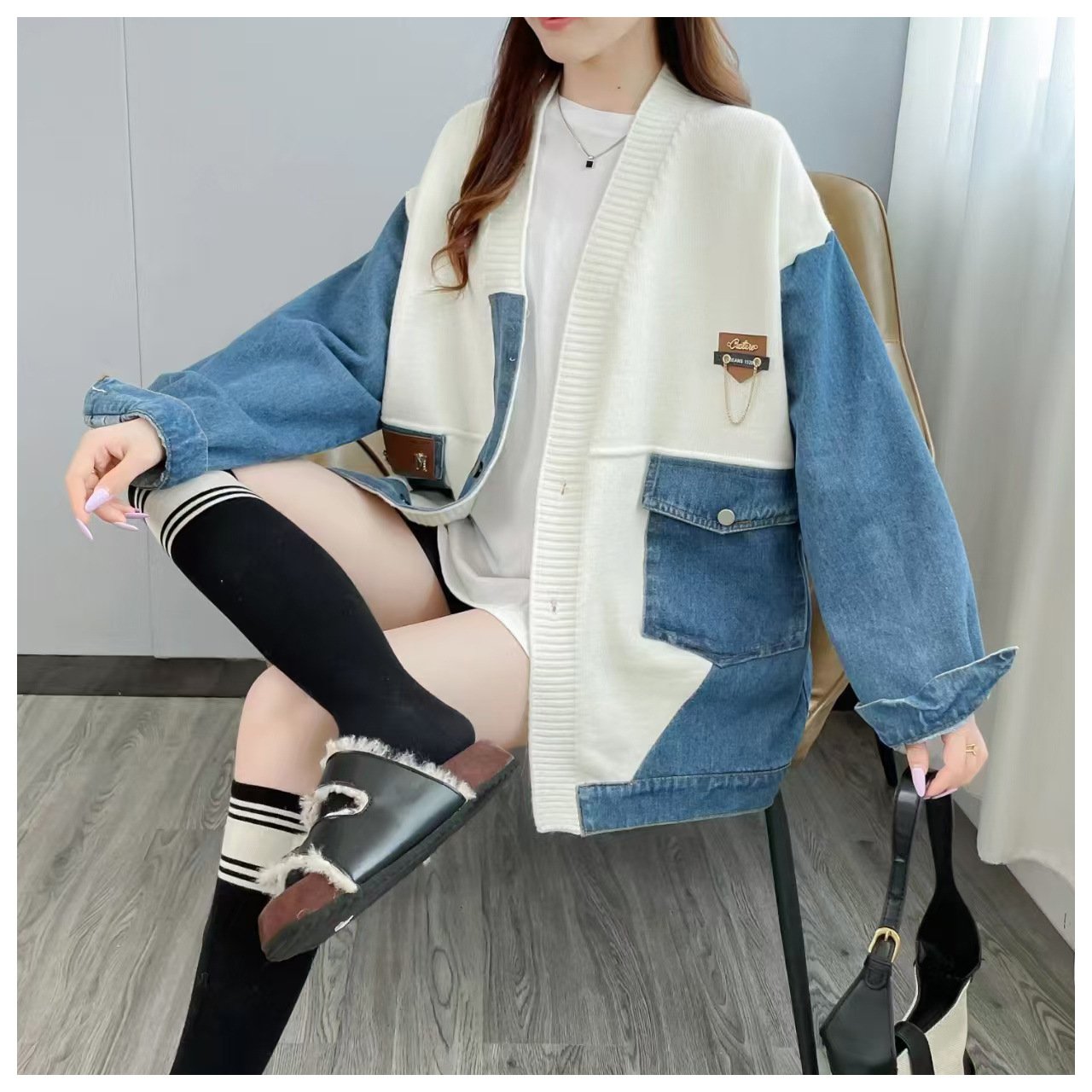 Denim patchwork knitted jacket