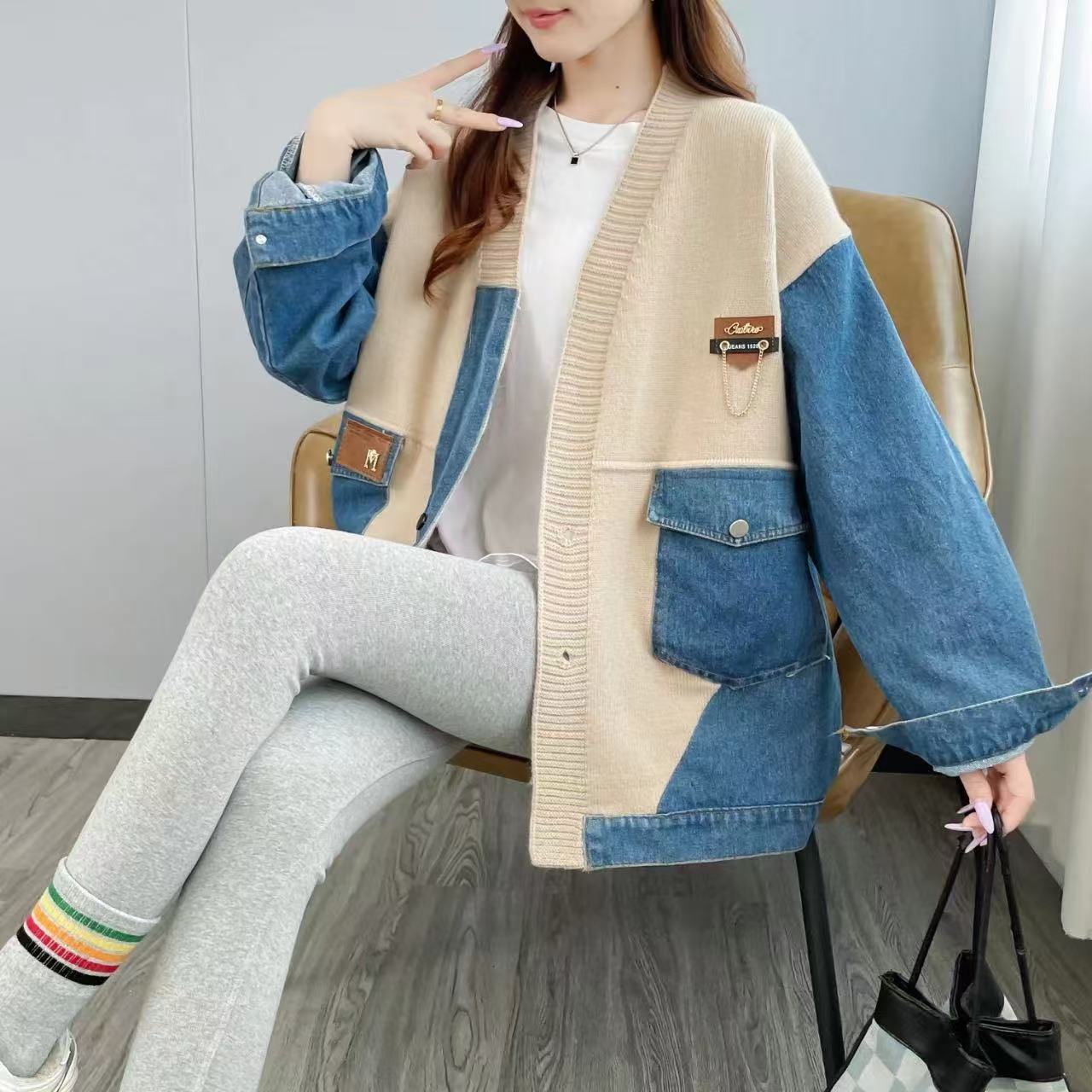 Denim patchwork knitted jacket