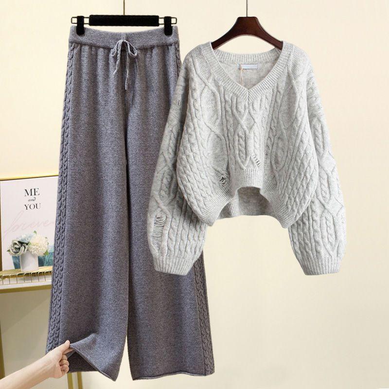 Knitted Slim Wide-Leg Pants Two-Piece Set