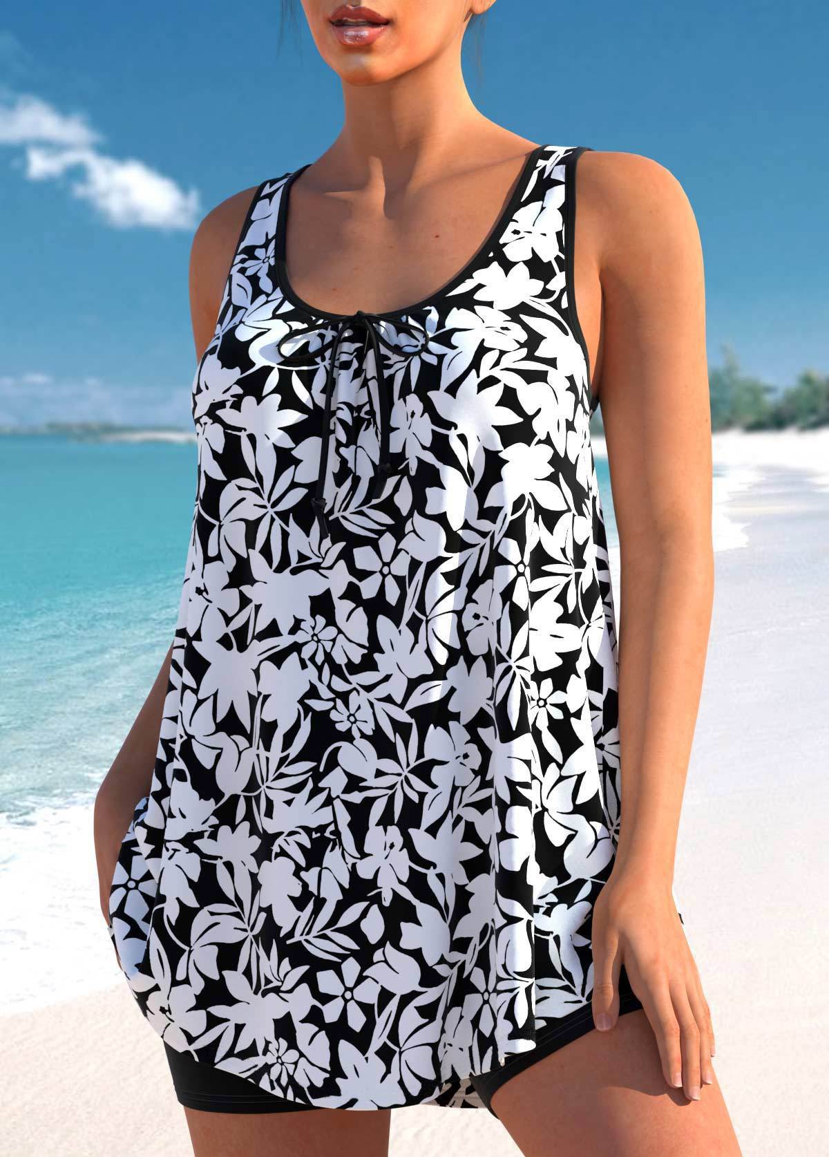 Floral Print Bowknot Black Tankini Set