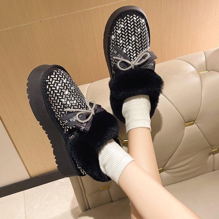 Bow rhinestone plus velvet short cotton boots