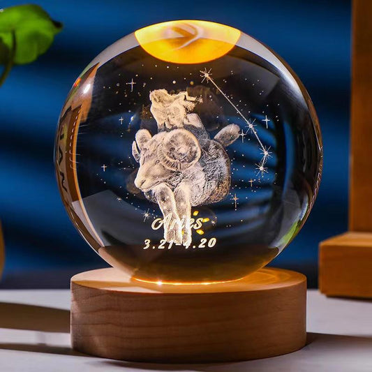 12 constellations luminous crystal ball solid wood base high-end night light