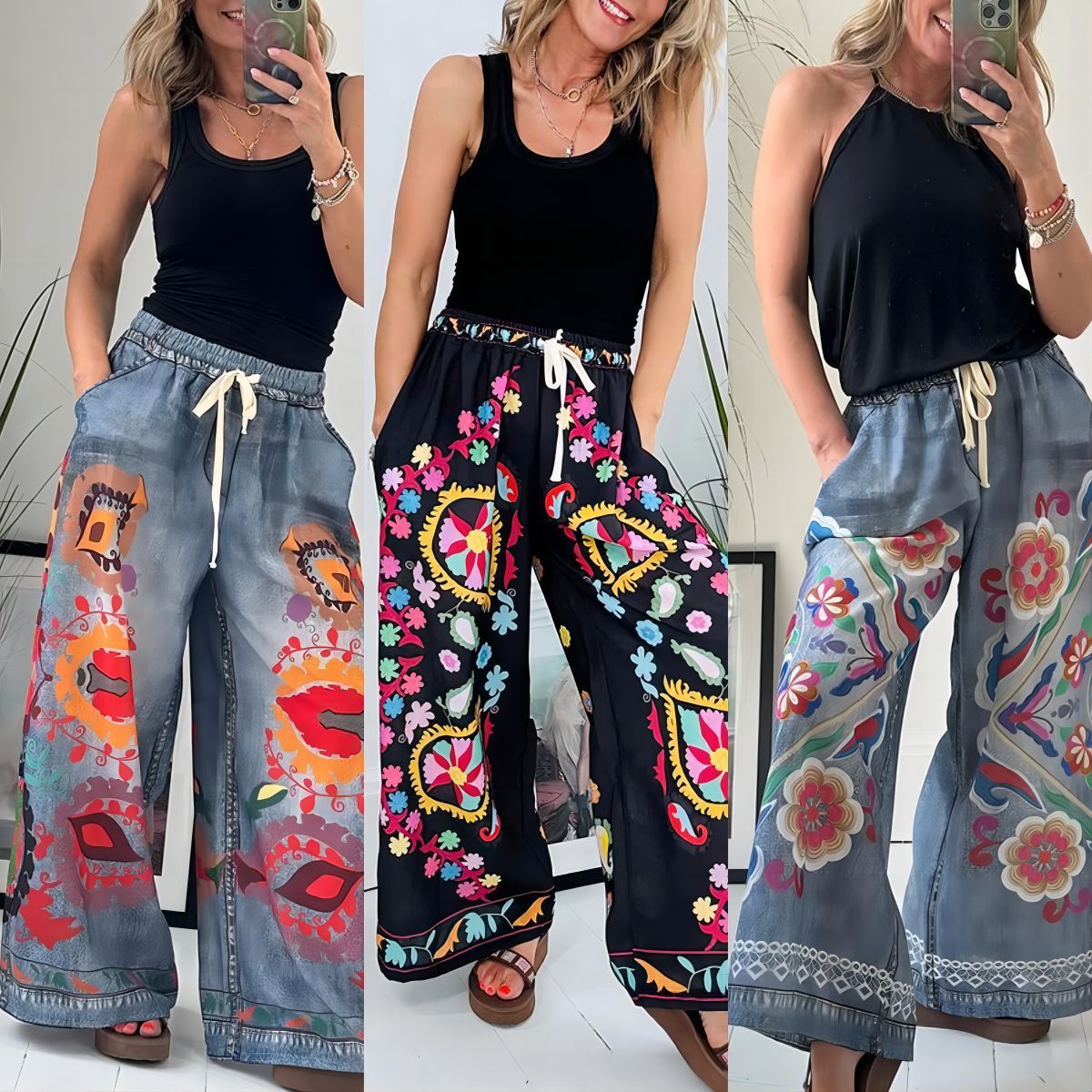 New style lace-up imitation denim printed pocket loose casual pants