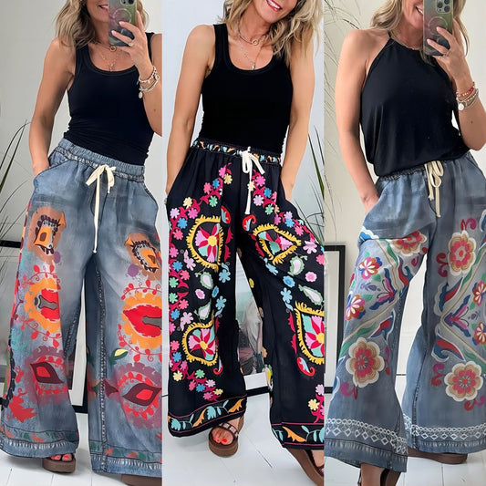 New style lace-up imitation denim printed pocket loose casual pants