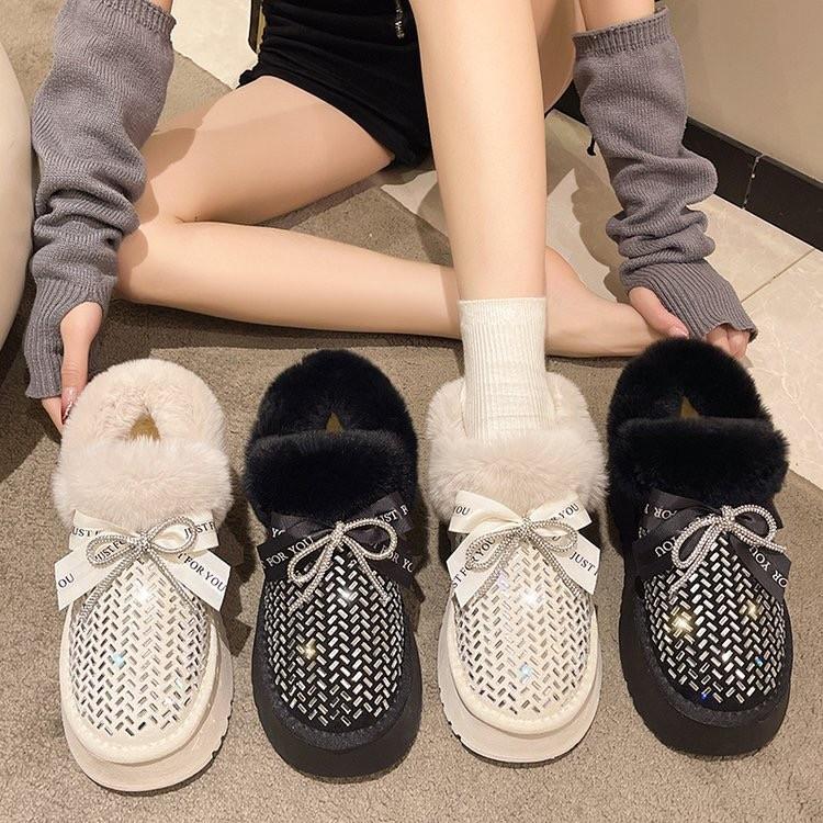 Bow rhinestone plus velvet short cotton boots