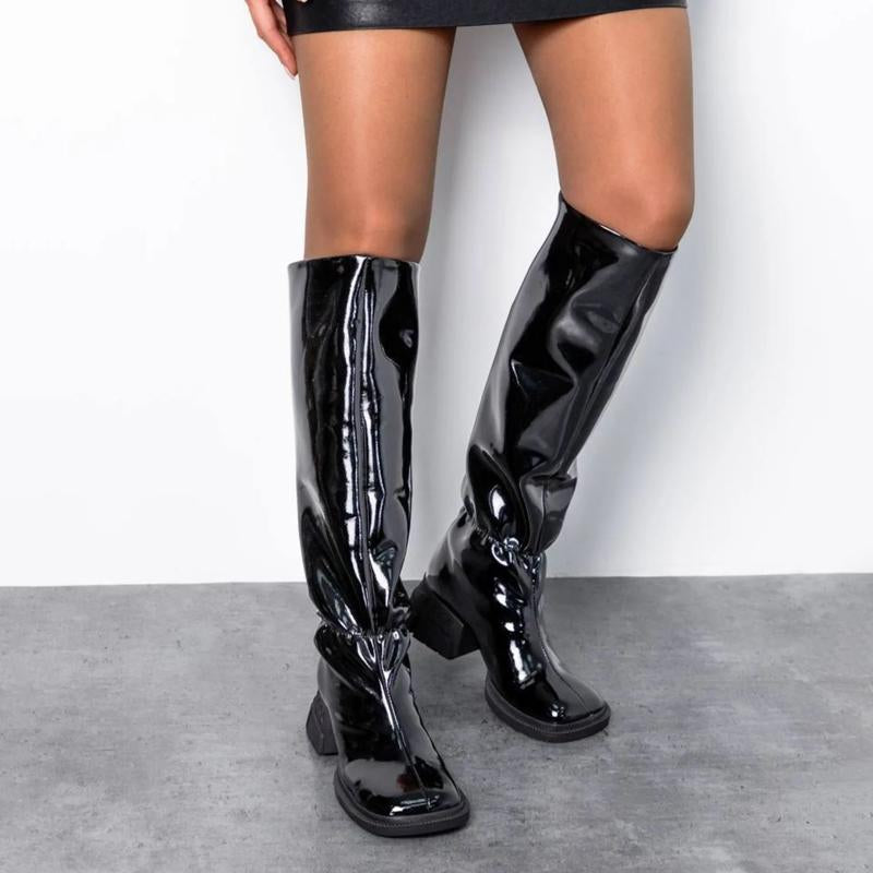 Fashion Square-Toe Patent-Heeled Boots