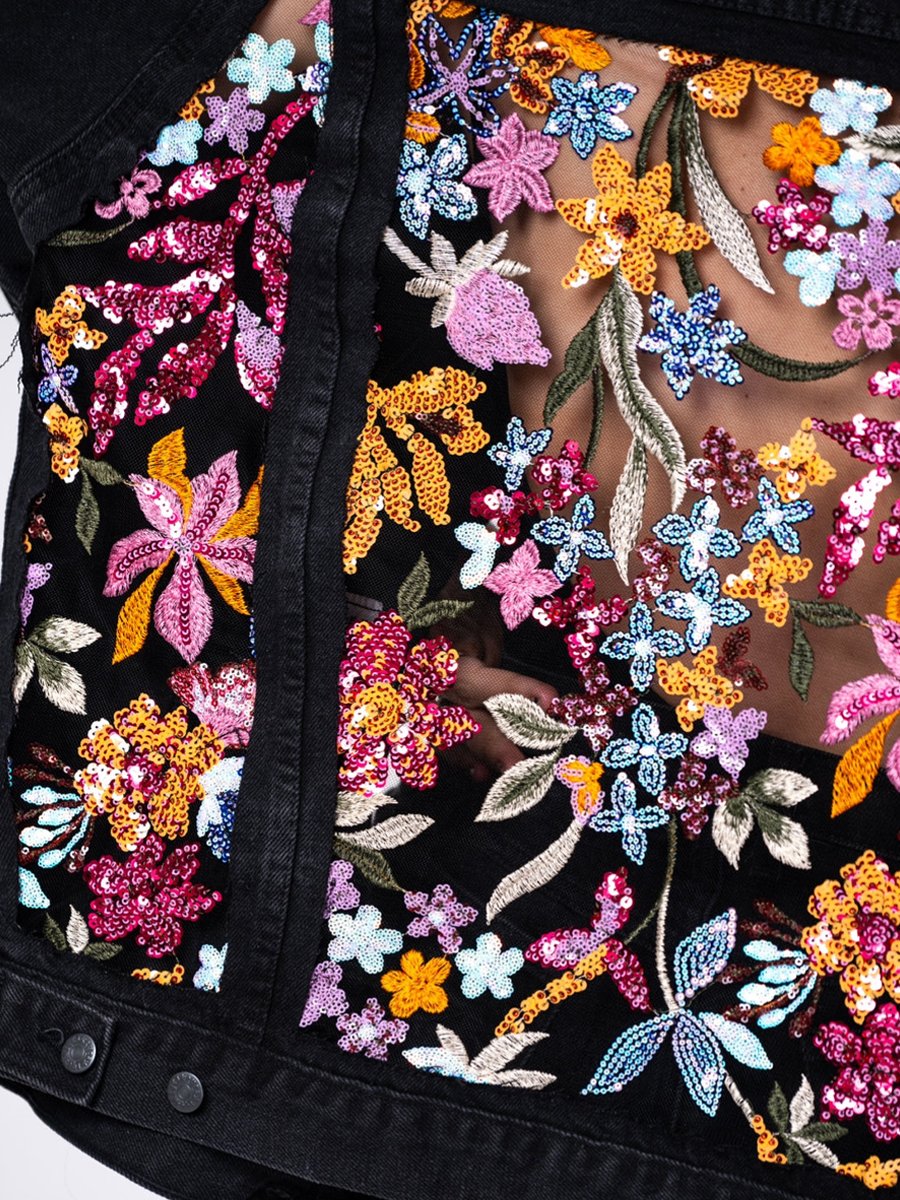 Embroidered Floral Sequin Denim See-through Jacket