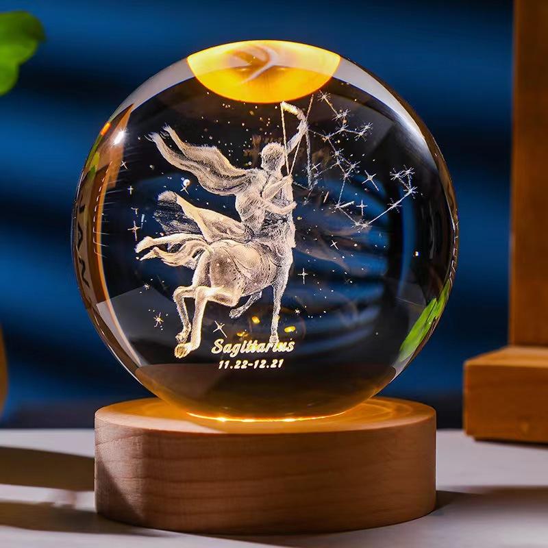 12 constellations luminous crystal ball solid wood base high-end night light