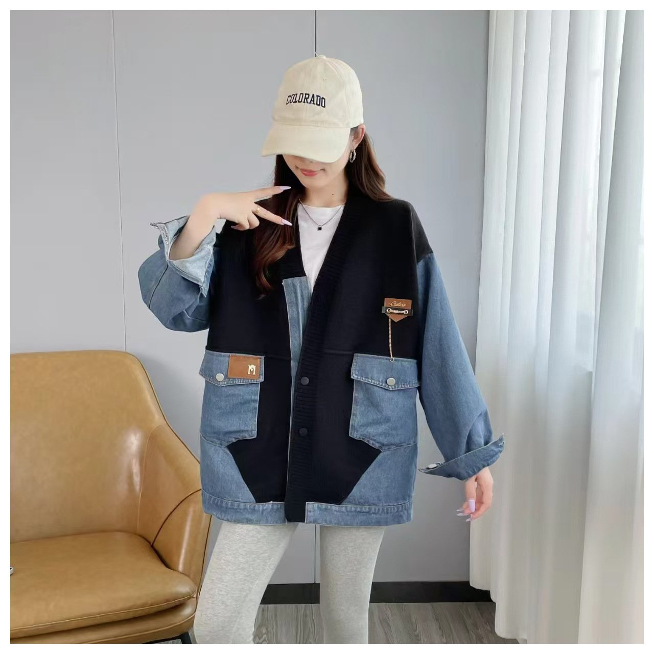 Denim patchwork knitted jacket