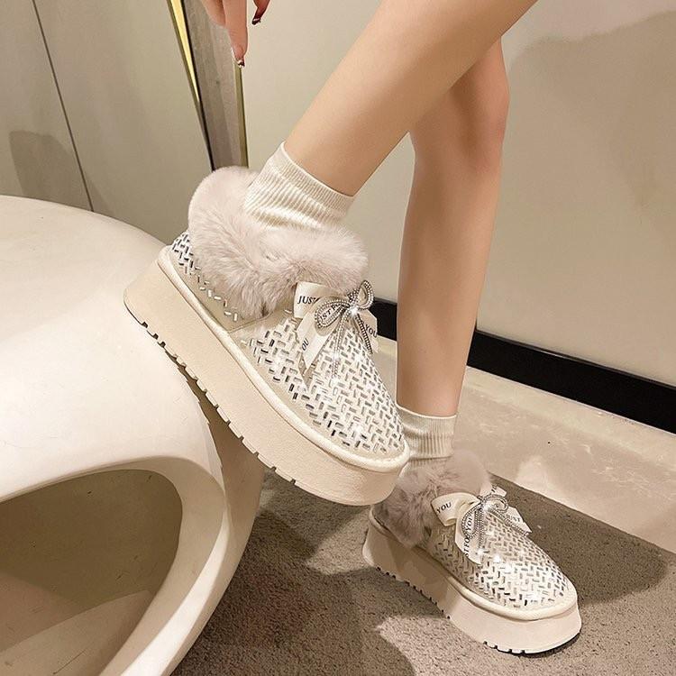 Bow rhinestone plus velvet short cotton boots