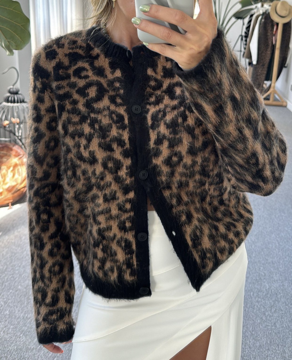 Vintage brown leopard print knitted cardigan short coat