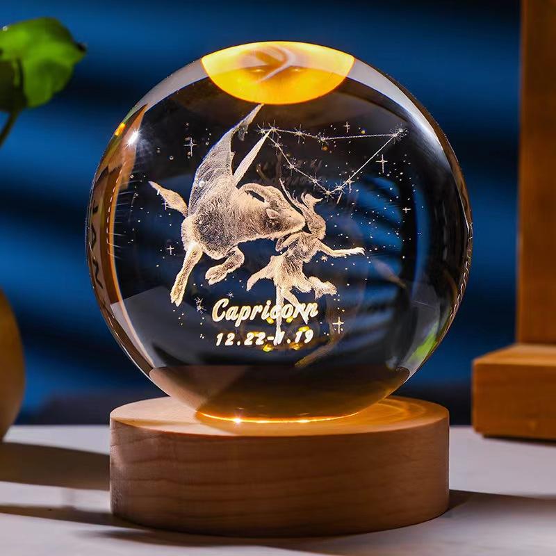 12 constellations luminous crystal ball solid wood base high-end night light