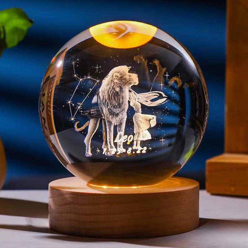 12 constellations luminous crystal ball solid wood base high-end night light