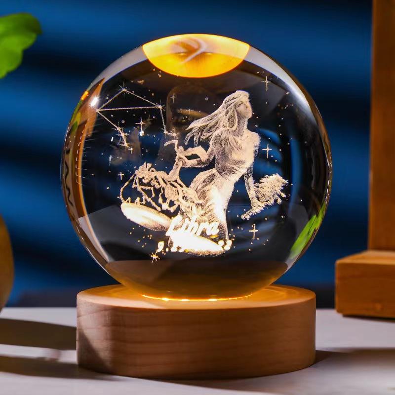 12 constellations luminous crystal ball solid wood base high-end night light