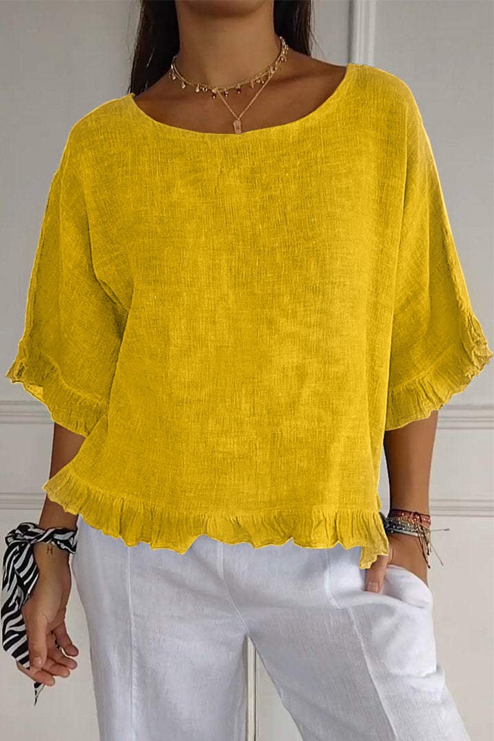 Round neck cotton and linen solid color loose short sleeves