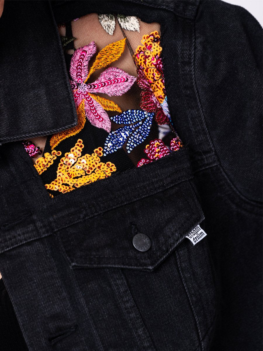 Embroidered Floral Sequin Denim See-through Jacket