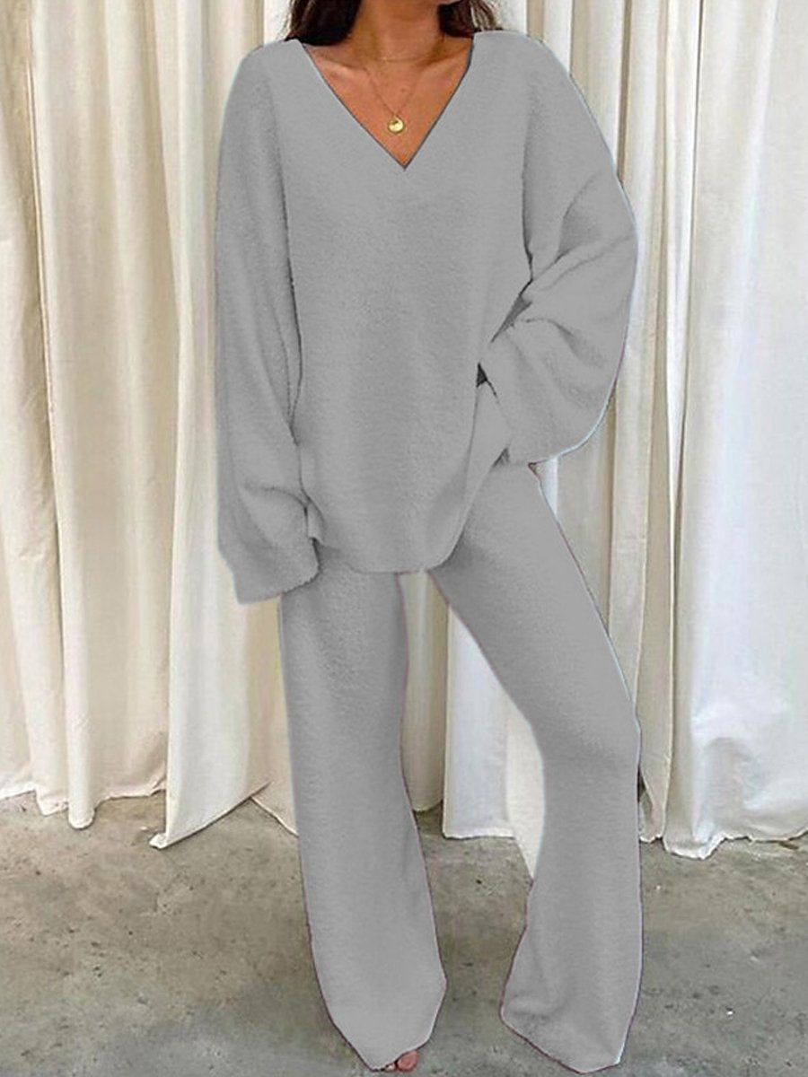 Comfortable Solid V-neck Casual Warm Two-piece Set