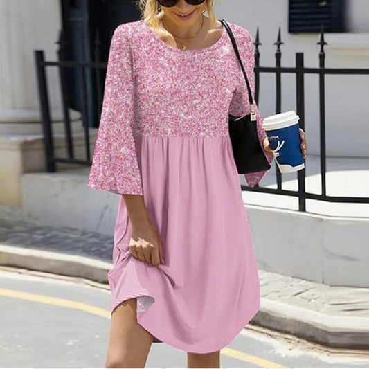 Pink Round Neck 3/4 Sleeve Min Dress