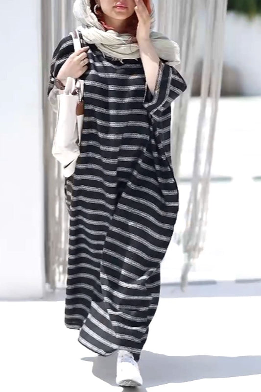 Autumn new distressed cotton and linen striped robe dress