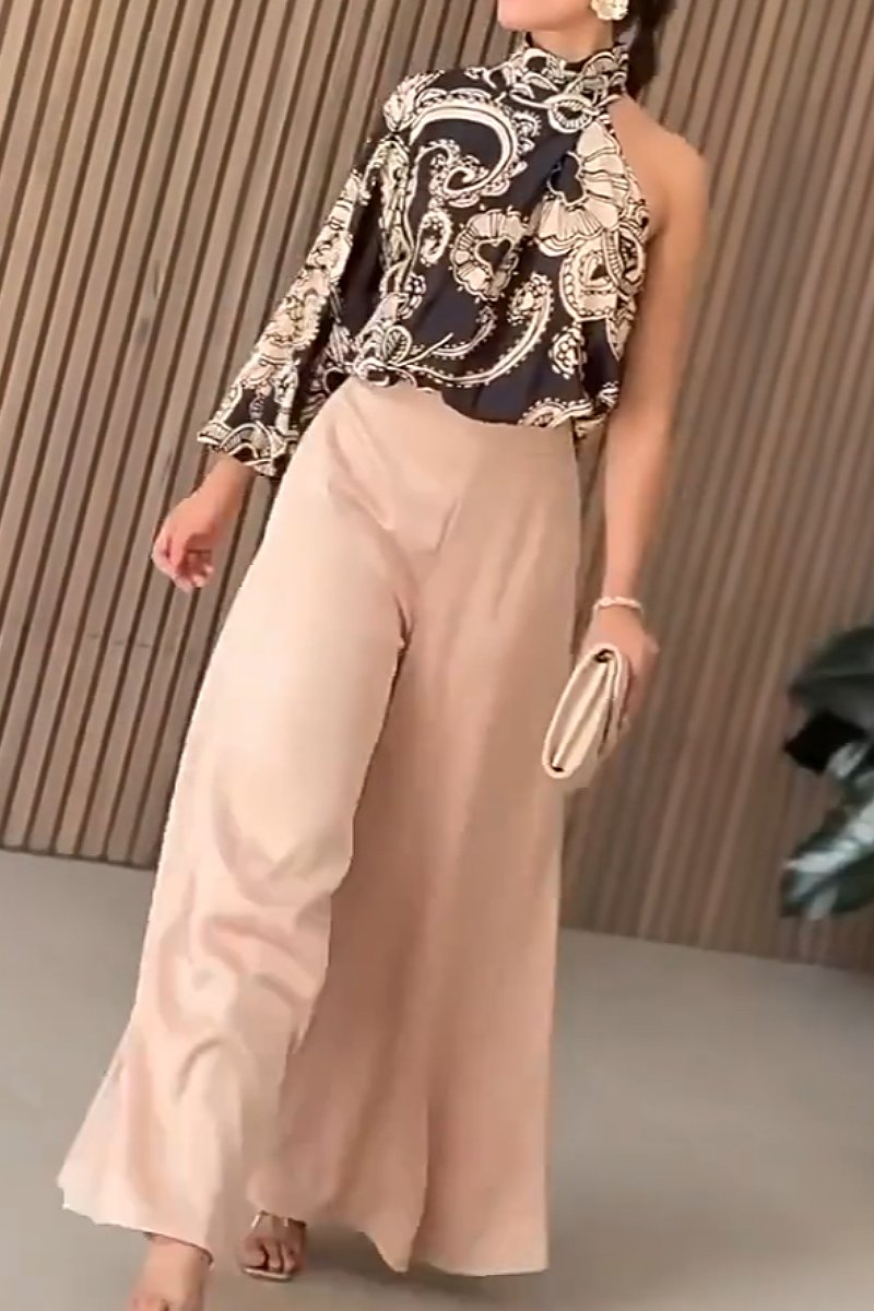 Fashion new asymmetrical printed top wide leg pants suit