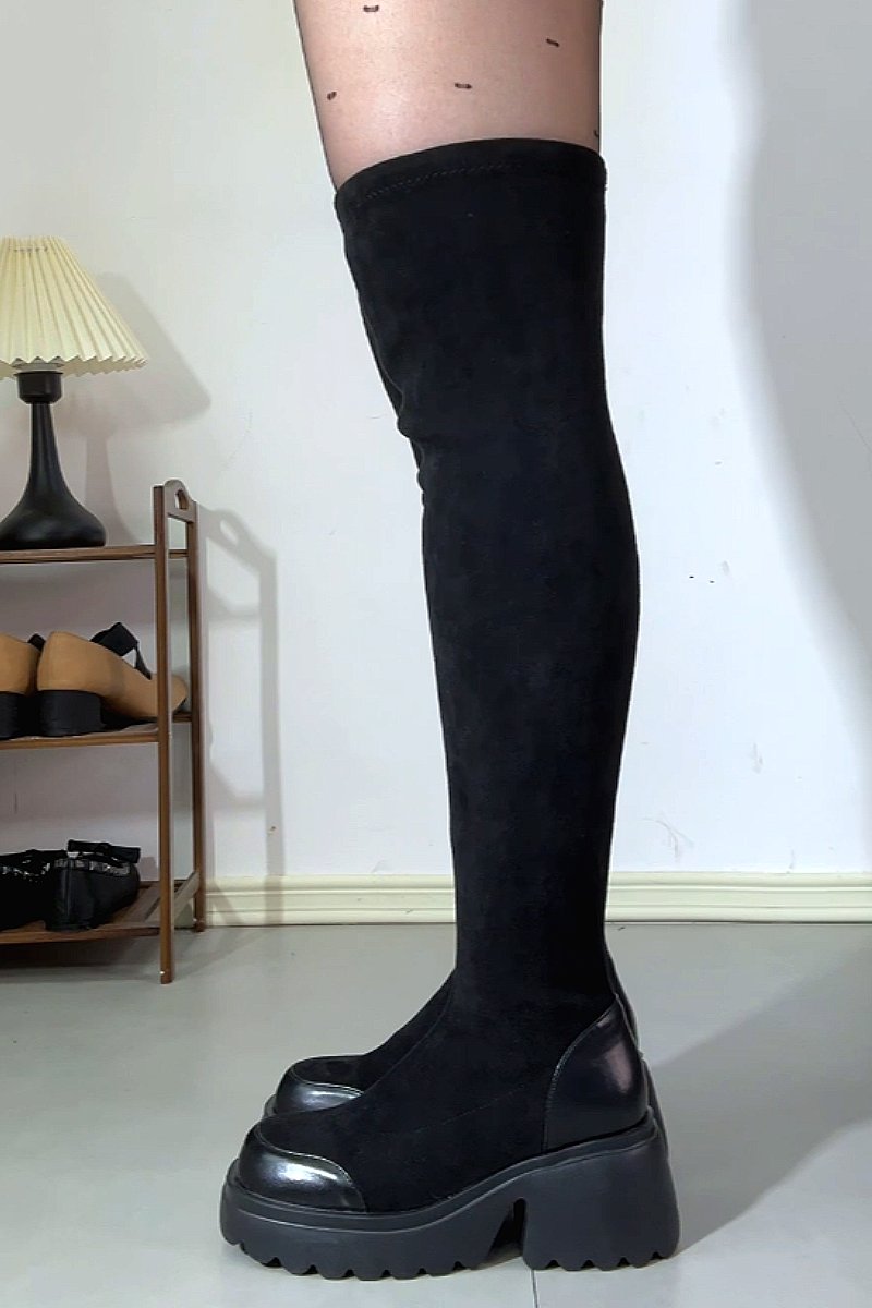 Over-the-knee thick-soled suede stretch boots