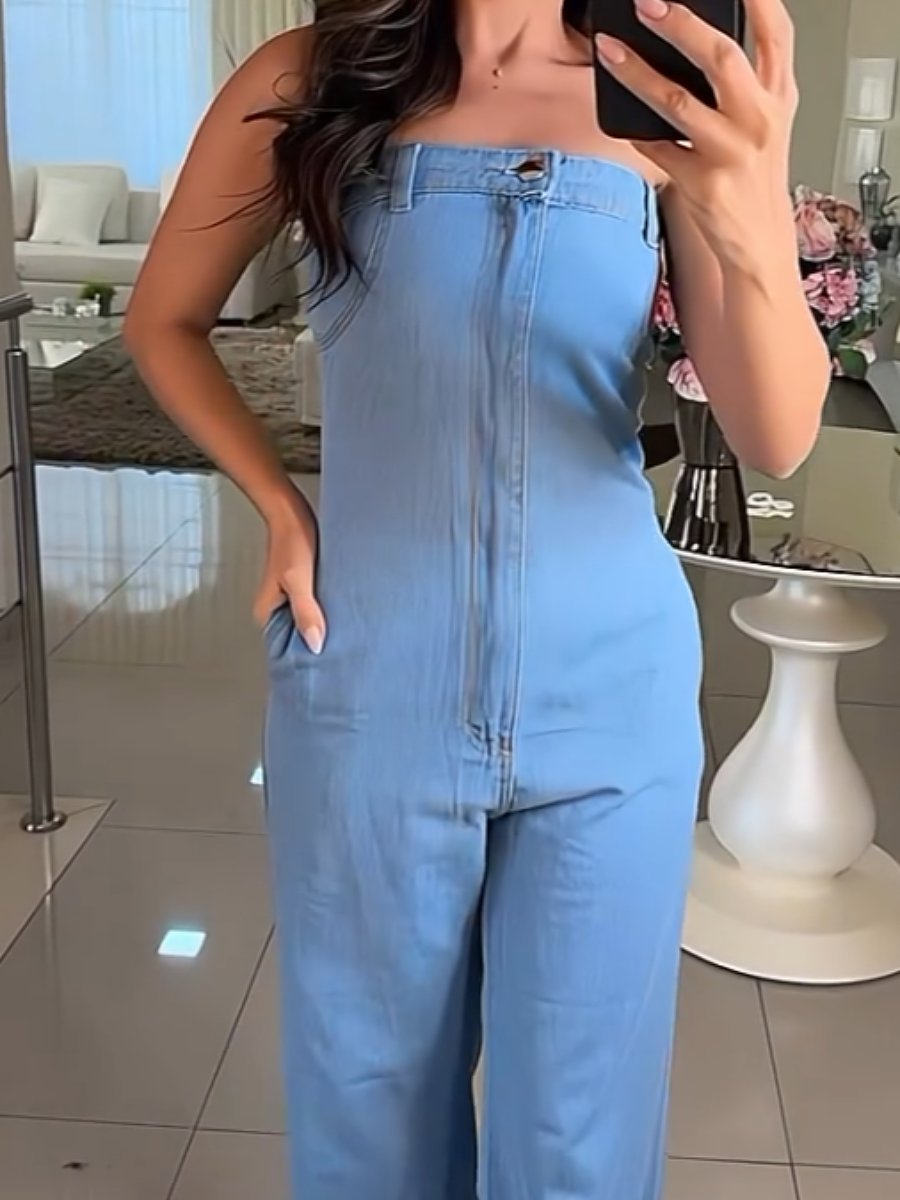 Strapless sexy high elastic denim jumpsuit