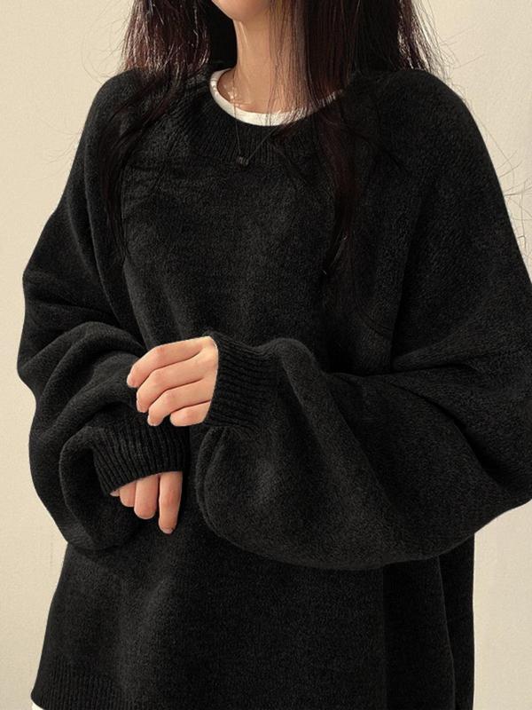 Women's Solid Knitting Split Hem Crewneck Jumper