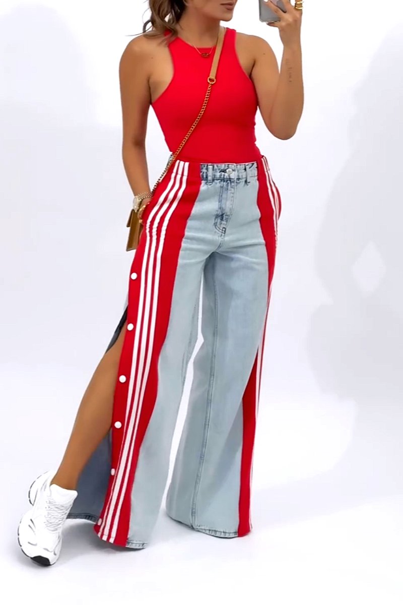 Casual and fashionable high-waist stretch patchwork straight trousers