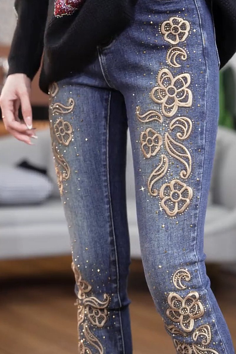 Popular rose heavy embroidery wide leg pants