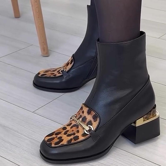 Leopard print color block side zipper block heel fashion boots