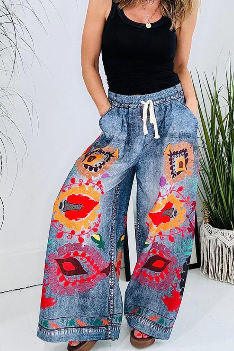 New style lace-up imitation denim printed pocket loose casual pants