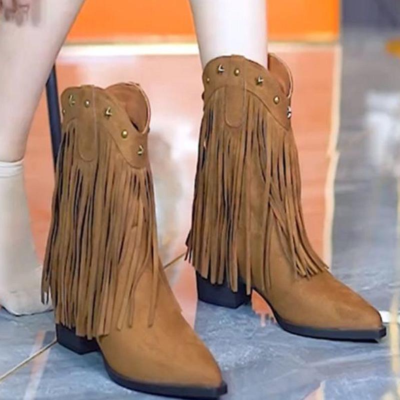 Retro high-heeled V-neck tassel short boots