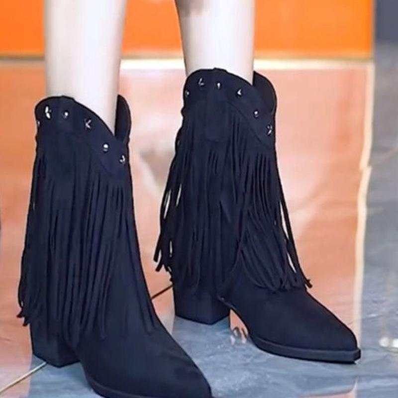 Retro high-heeled V-neck tassel short boots