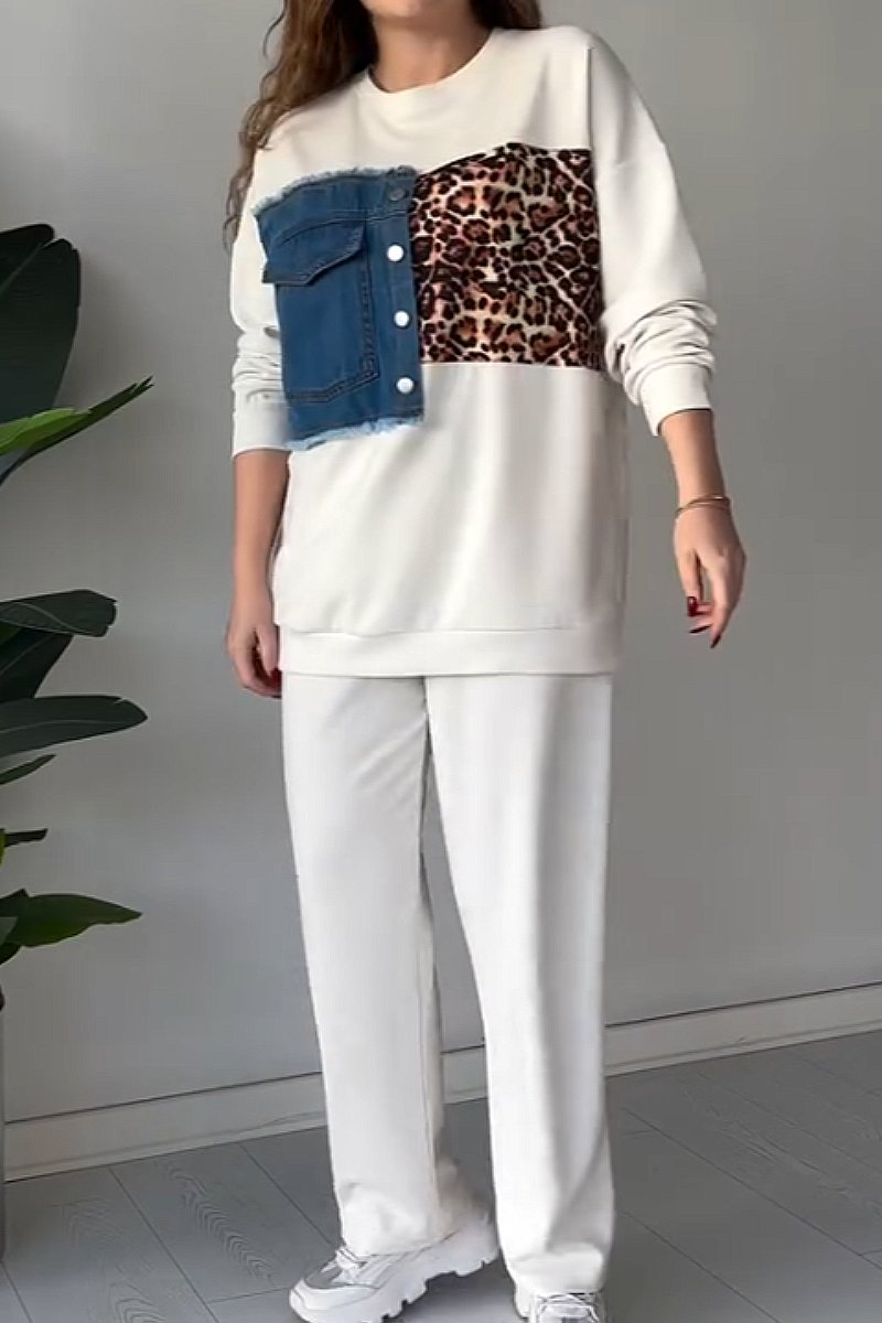 Leopard print denim patchwork loose suit