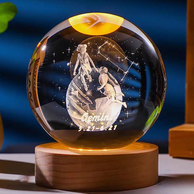 12 constellations luminous crystal ball solid wood base high-end night light