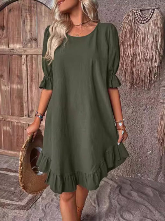 Vintage Mid-Sleeve Round Neck Solid Color Loose Dress