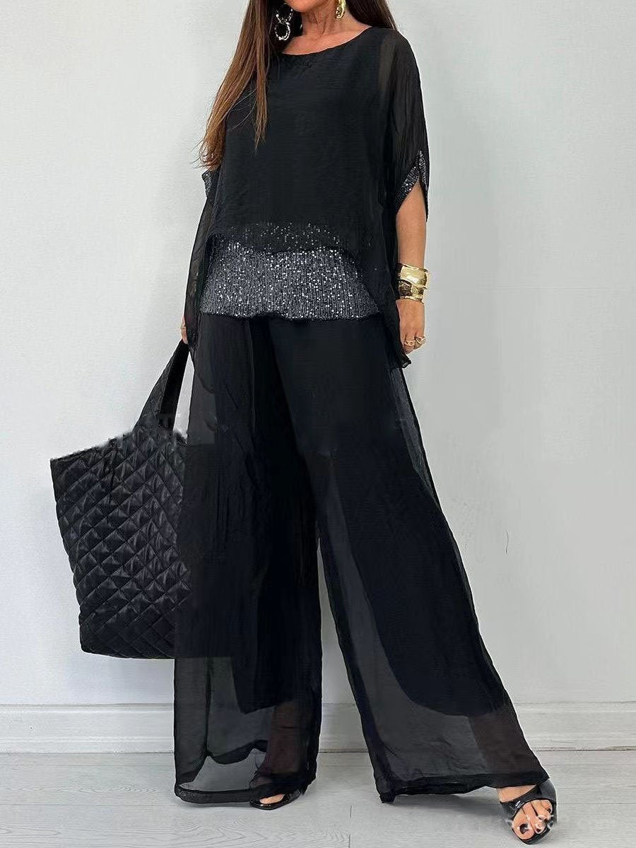 New chiffon round neck short sleeve sequin splicing trousers casual suit