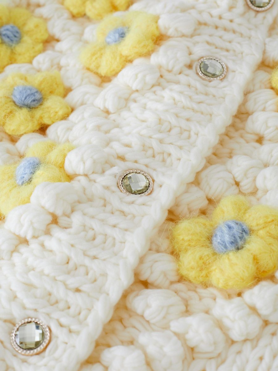 Yellow Floral Pom Pom Knit Cardigan