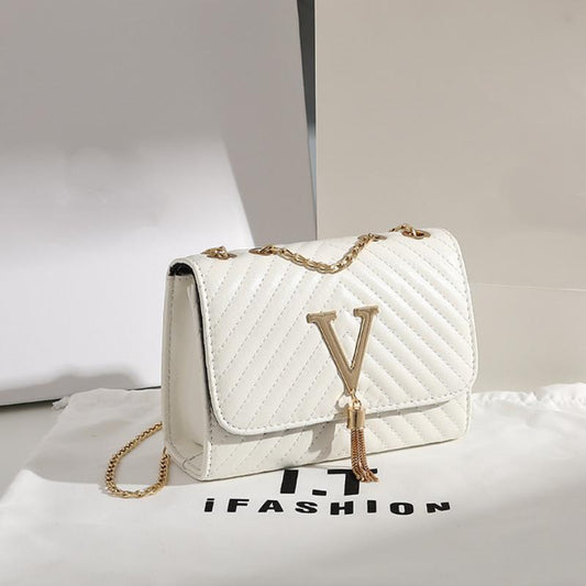 V-Fringed Chain Crossbody Bag